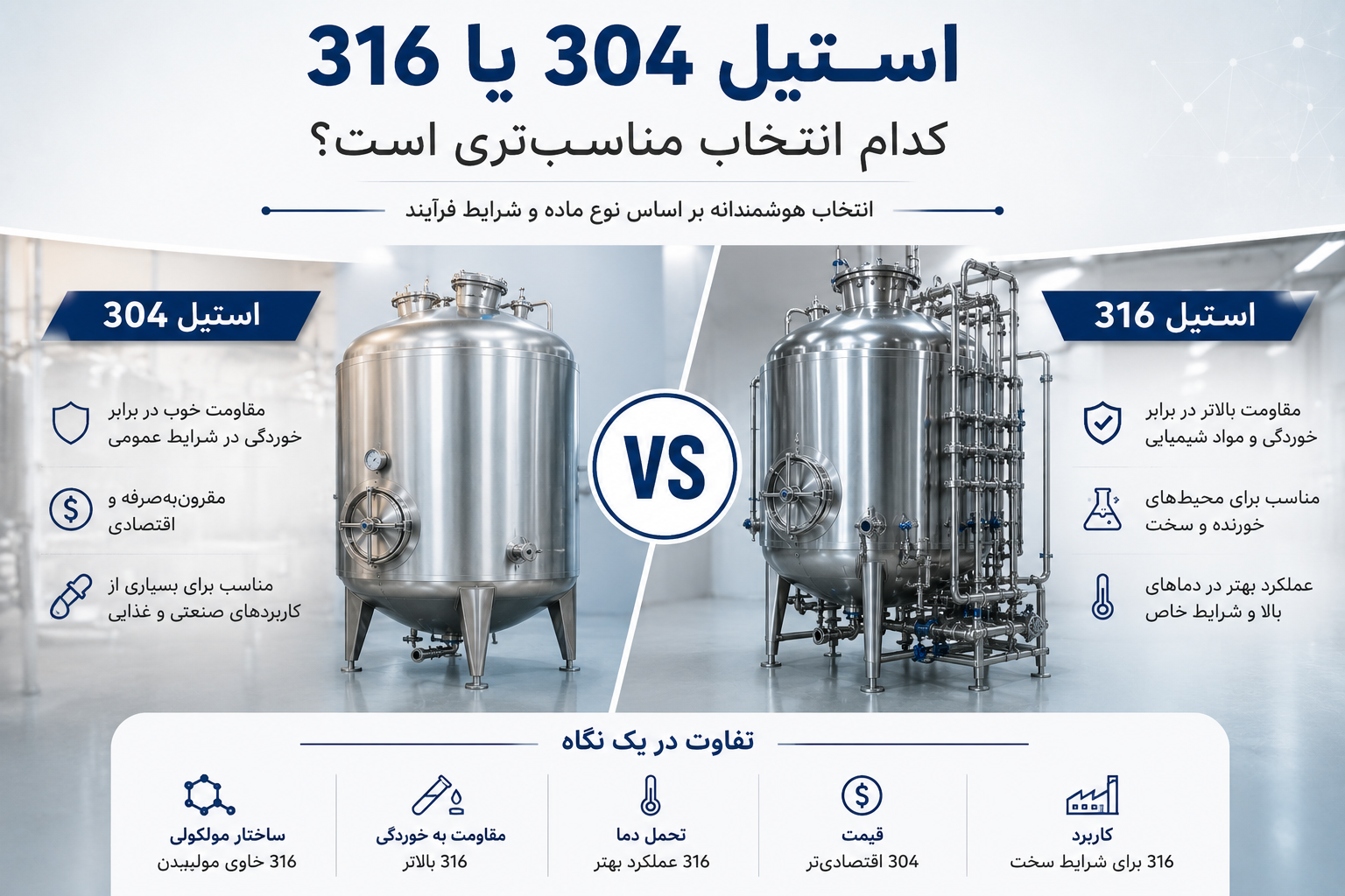 مقایسه استیل ۳۰۴ و ۳۱۶ برای ساخت مخازن صنعتی